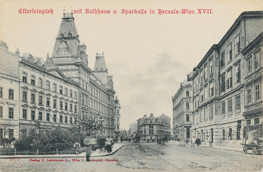 17., Elterleinplatz - mit Hernalser Rathaus und Sparkassa, Ansichtskarte, Carl Ledermann Jun., um 1898, Wien Museum