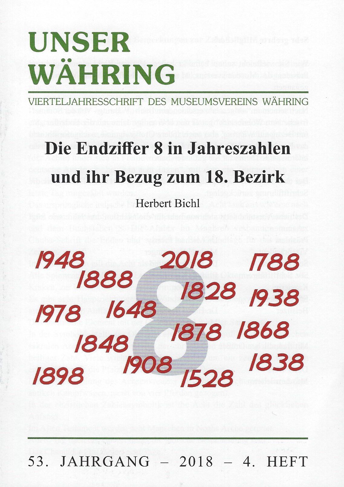 Publikation: Die Endziffer 8 in Jahreszahlen und ihr Bezug zum 18. Bezirk. Bezirksmuseum Währing